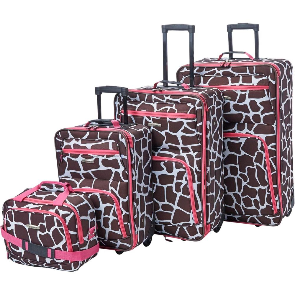 imageRockland Fashion Softside Upright Luggage Set Telescoping Handles Pink Giraffe 4Piece 14192428Pink Giraffe