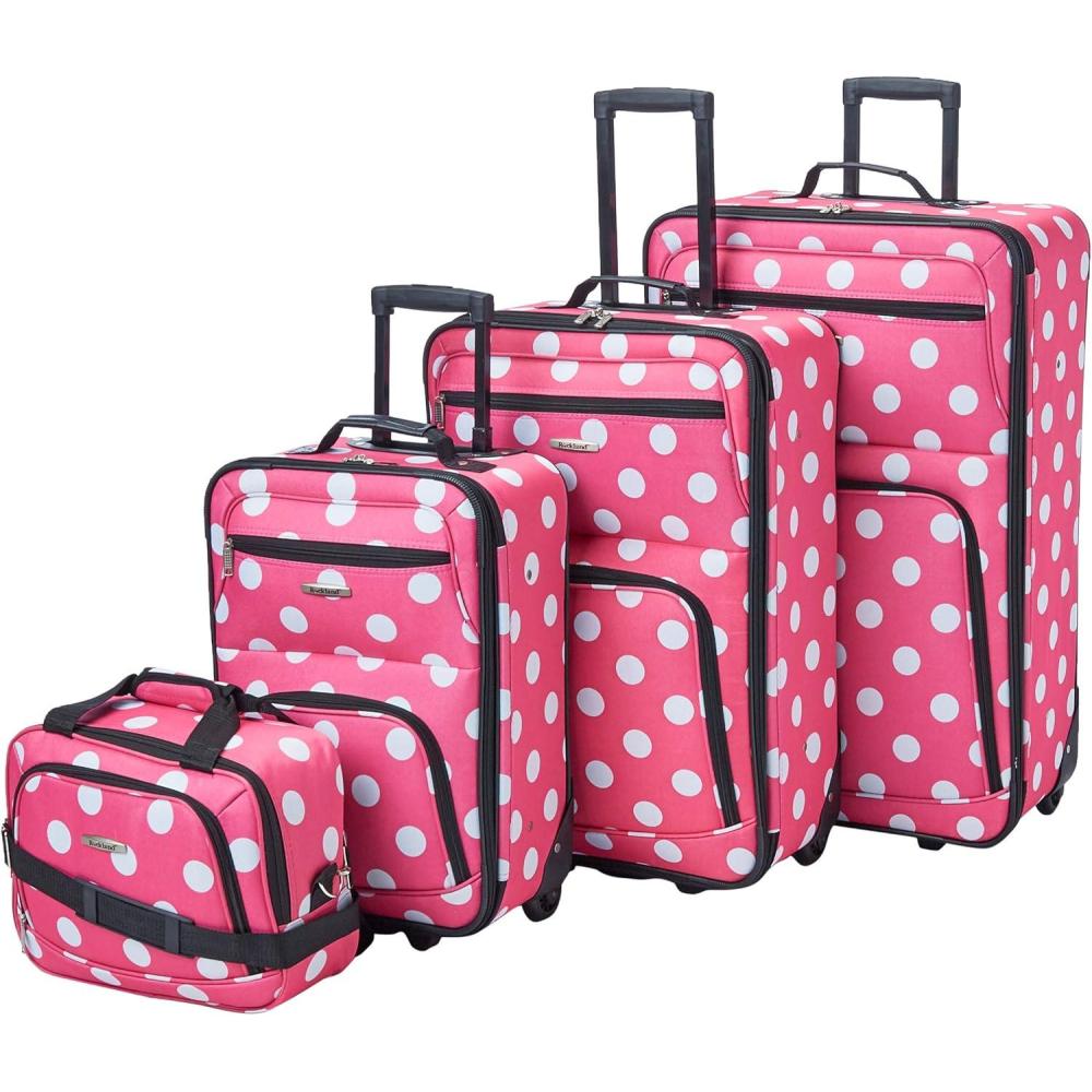 imageRockland Polka Softside Upright Luggage Set Expandable Lightweight Black Dot 4Piece 14192428Pink Dot
