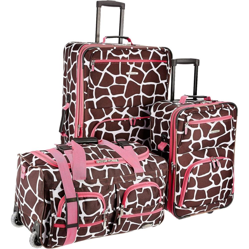 imageRockland Vara Softside 3Piece Upright Luggage SetExpandable Owl 20 inch22 inch28 inchPINKGIRAFFE