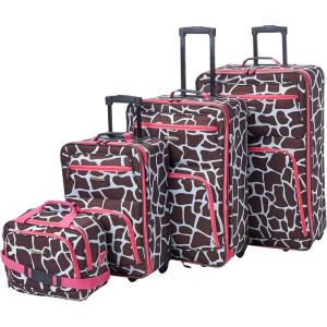 Rockland Fashion Softside Upright Luggage Set, Telescoping Handles, Pink Giraffe, 4-Piece (14/19/24/28)(Pink Giraffe)