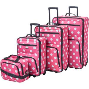 Rockland Polka Softside Upright Luggage Set, Expandable, Lightweight, Black Dot, 4-Piece (14/19/24/28)(Pink Dot)