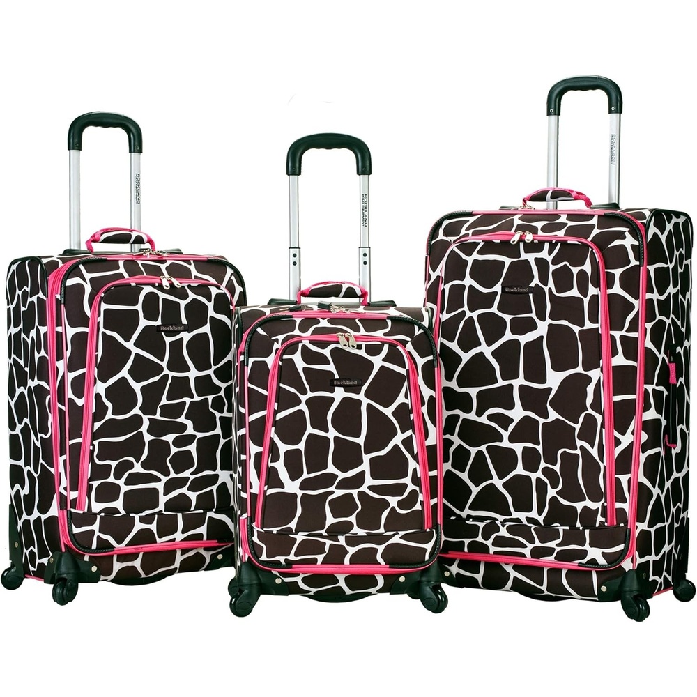 imageRockland Fusion Softside Spinner Wheel Luggage Peace 3Piece Set 202428Pink Giraffe